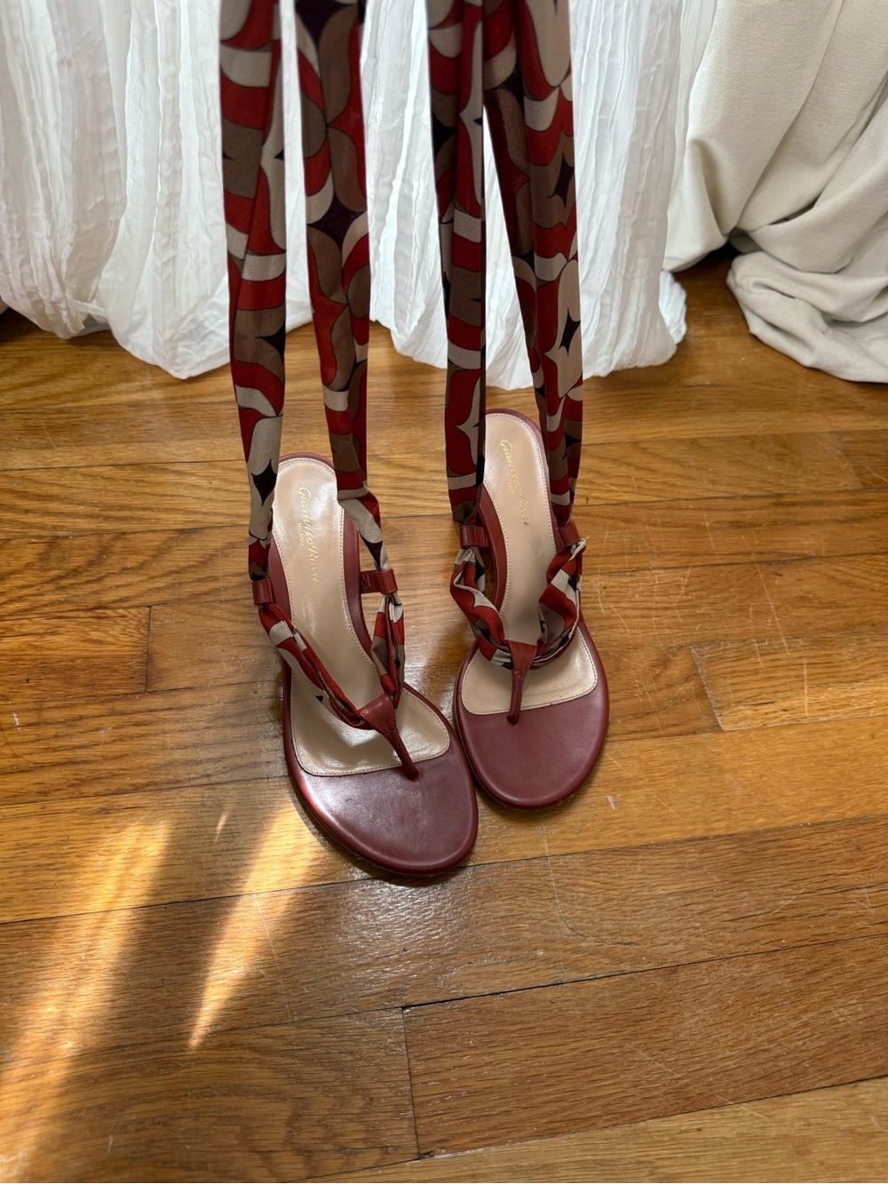 Gianvito Rossi Red Leather Wrap Sandals with Printed Ties